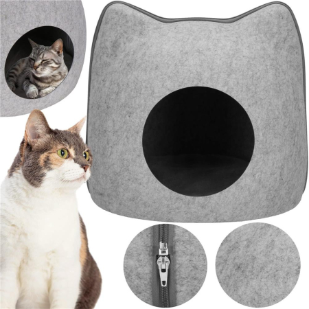 Patut pisici si caini, moale si pufos, antiderapant, perna detasabila, 38x36x36 cm, gri [1]