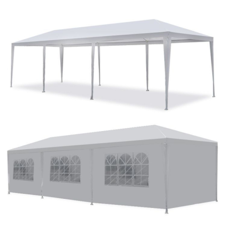 Pavilion de gradina 300x900 cm, 8 pereti detasabili cu ferestre si usa, structura metalica, PE impermeabil, alb [1]