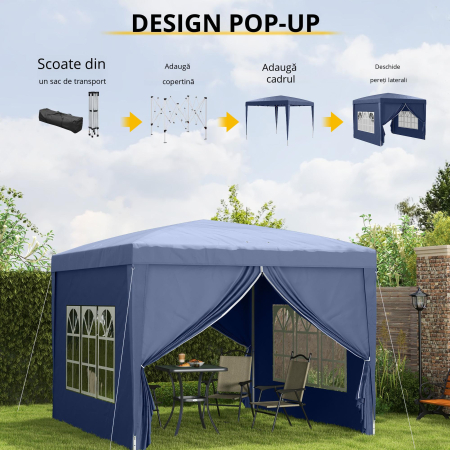 Pavilion de Gradina Pliabil din Otel cu Pereti Laterali, 3x3m, Albastru [6]