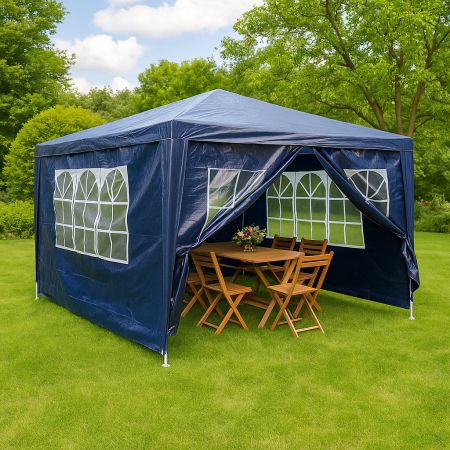 Pavilion gradina cu 4 pereti si ferestre, structura metalica, 300x400x250 cm, albastru [1]