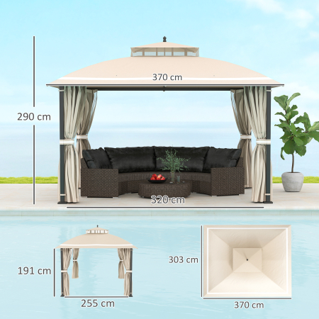  Pavilion pentru Exterior cu Baldachin, Acoperis Dublu, Plasa si Draperii, 370x303x290 cm, Bej [2]