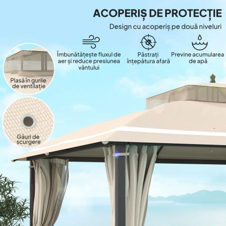  Pavilion pentru Exterior cu Baldachin, Acoperis Dublu, Plasa si Draperii, 370x303x290 cm, Bej [3]