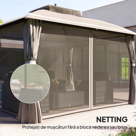  Pavilion pentru Exterior cu Baldachin, Acoperis Dublu, Plasa si Draperii, 370x303x290 cm, Bej [5]