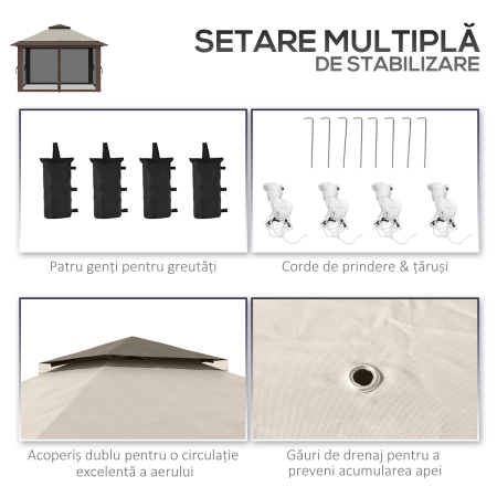 Pavilion  pliabil 4x4 m cu inaltime reglabila, plasa de tantari si geanta, din metal si material Oxford, bej [6]
