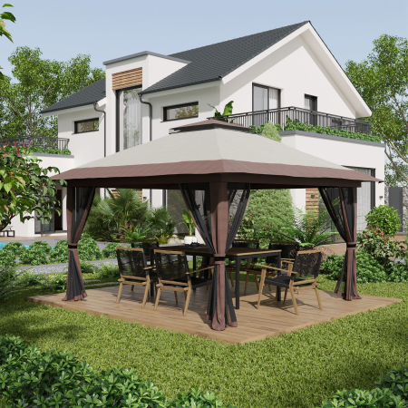 Pavilion  pliabil 4x4 m cu inaltime reglabila, plasa de tantari si geanta, din metal si material Oxford, bej [1]