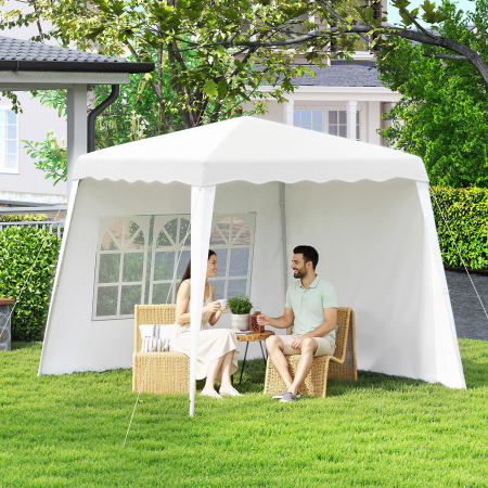  Pavilion pliabil cu 2 laterale, Stalpi oblici si geanta de transport, cort de evenimente inaltime reglabila UV50+, cort de gradina, curte, acoperis 2,4 x 2,4 m / baza 2,9 x 2,9 m, alb [1]