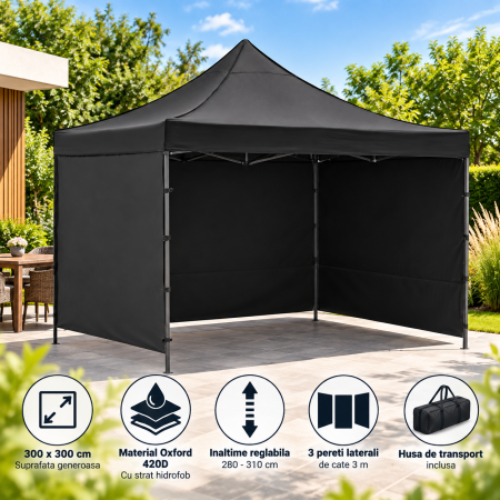 Pavilion pliabil de gradina 3x3 m, cu 3 pereti laterali pentru protectie impotriva vantului si ploii usoare, prelata hidrofoba Oxford 420D, cadru din [2]