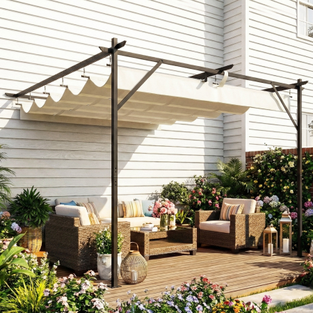  Pergola Adosata 3x3 m cu Acoperis Retractabil, Orificii de Drenaj, Pergola de Gradina din Poliester si Otel, pentru Terasa, Exterior, UV30+, Alb Crem [8]