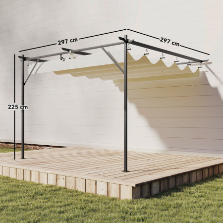  Pergola Adosata 3x3 m cu Acoperis Retractabil, Orificii de Drenaj, Pergola de Gradina din Poliester si Otel, pentru Terasa, Exterior, UV30+, Alb Crem [2]