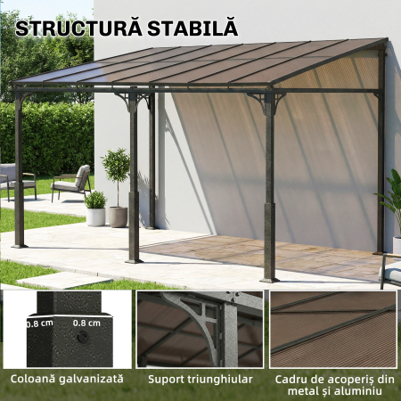  Pergola Adosata 4x3 m cu Acoperis din Policarbonat, Foisor din Metal si Aluminiu cu suruburi, pentru Exterior, Terasa si Gradina, Protectie UV, Maro [6]