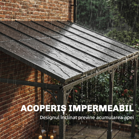  Pergola Adosata 4x3 m cu Acoperis din Policarbonat, Foisor din Metal si Aluminiu cu suruburi, pentru Exterior, Terasa si Gradina, Protectie UV, Maro [5]