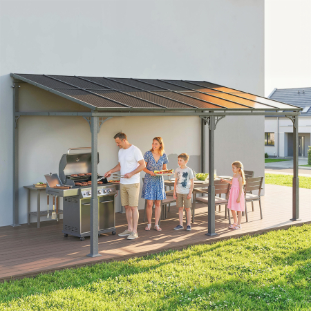  Pergola Adosata 4x3 m cu Acoperis din Policarbonat, Foisor din Metal si Aluminiu cu suruburi, pentru Exterior, Terasa si Gradina, Protectie UV, Maro [8]