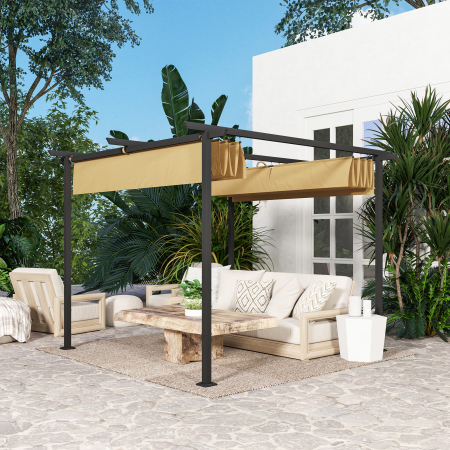  Pergola de Gradina cu Acoperis Retractabil si Cadru Metalic, 300x300x227 cm, Bej [8]