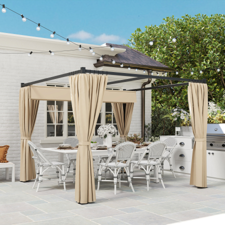  Pergola de Gradina cu Acoperis Retractabil si Perdele, din Metal si Poliester, 300x300x227 cm, Bej [7]