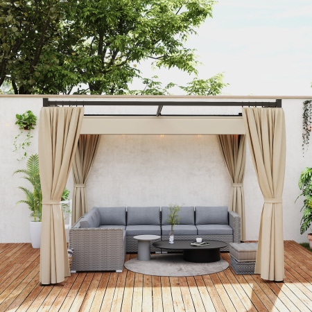  Pergola de Gradina cu Acoperis Retractabil si Perdele, din Metal si Poliester, 300x300x227 cm, Bej [8]