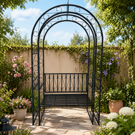 Living & hol - Pergola decorativa pentru gradina cu banca, suport plante cataratoare, structura otel, 130x48x238 cm, negru