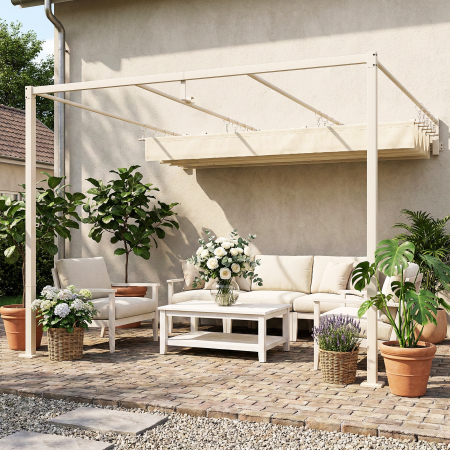  Pergola Gazebo 3x3 m cu Acoperis Retractabil, Orificii de Drenaj, Pergola de Gradina din Poliester si Otel, pentru Patio, Terasa, Exterior, UV30+, Bej [7]