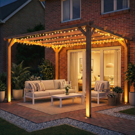  Pergola Gazebo 3x3 m din Lemn de Brad, Pergola pentru Gradina cu Suporturi Triunghiulare si 5 Grinzi pentru Plante Cataratoare, Pergola din Lemn pentru Exterior, Patio, Terasa, Aspect Lemn de Artar [8]