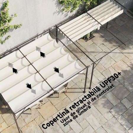  Pergola Gazebo Montata pe Perete 3x4 m cu Acoperis Retractabil, Orificii de Drenaj, Pergola de Gradina din Poliester si Otel, pentru Terasa, Patio, Exterior, UV30+, Crem [4]