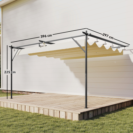  Pergola Gazebo Montata pe Perete 3x4 m cu Acoperis Retractabil, Orificii de Drenaj, Pergola de Gradina din Poliester si Otel, pentru Terasa, Patio, Exterior, UV30+, Crem [2]