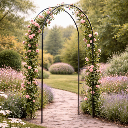 Decoratiuni - Pergola gradina decorativa cu ancore fixare sol, otel vopsit electrostatic, 140x38x240 cm, verde inchis