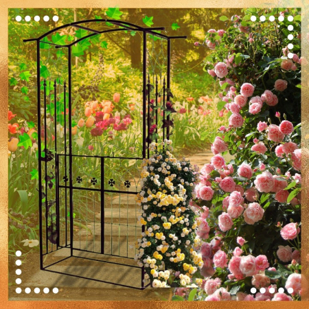 Pergola gradina metalica cu poarta decorativa, suport plante cataratoare, otel vopsit, 106x50x217 cm, negru [3]