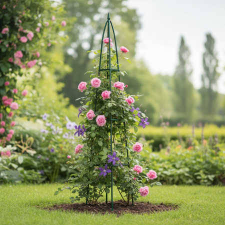 Pergola gradina piramidala pentru plante cataratoare, structura otel, 31x31x200 cm, verde inchis [0]