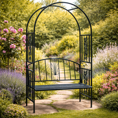 Living & hol - Pergola pentru gradina cu banca, structura metalica solida, 122x58x203 cm, negru
