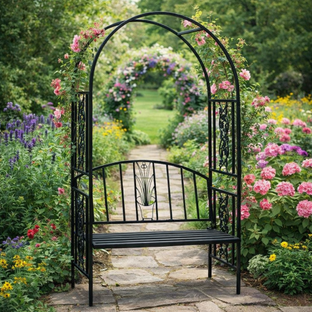 Pergola pentru gradina cu banca, structura metalica solida, 122x58x203 cm, negru [8]