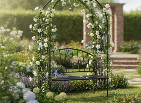 Pergola pentru gradina cu banca, structura metalica solida, 122x58x203 cm, negru [6]