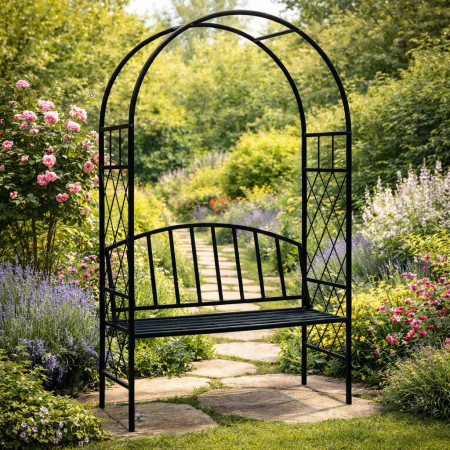 Living & hol - Pergola pentru gradina cu banca, structura otel, design arcuit, 115x45x208 cm, negru