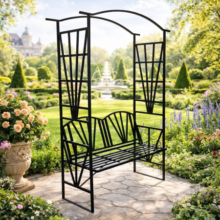 Living & hol - Pergola pentru gradina cu banca, suport plante cataratoare, structura otel, 114x45x208 cm, negru