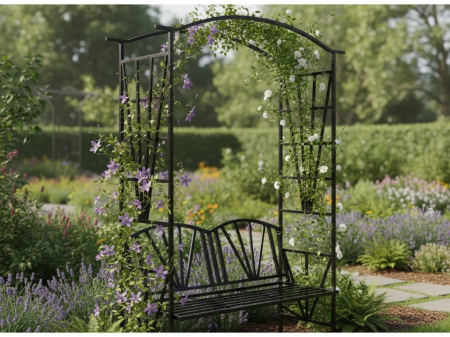Pergola pentru gradina cu banca, suport plante cataratoare, structura otel, 114x45x208 cm, negru [1]