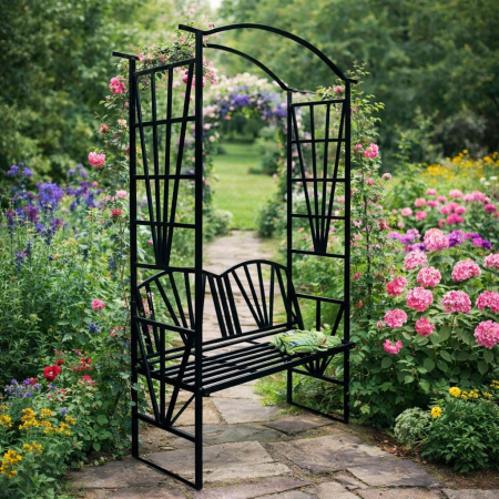 Pergola pentru gradina cu banca, suport plante cataratoare, structura otel, 114x45x208 cm, negru [3]