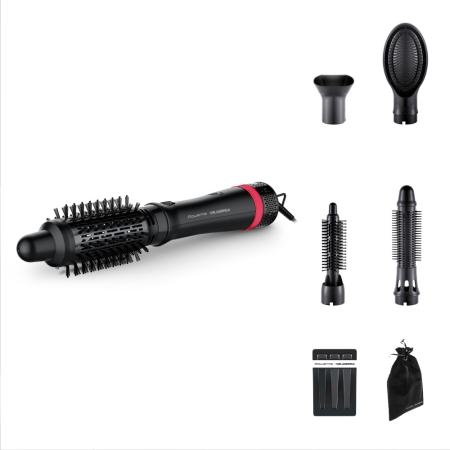 Perii de par electrice - Perie cu aer cald Rowenta x Karl Lagerfeld Express Style CF635LF0, 800W, cablu rotativ 360°, 3 trepte de viteza / temperatura, 5 accesorii, invelis Keratin & Glow, functie hair respect, negru
