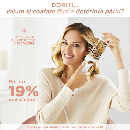 Perie rotativa cu aer cald Rowenta Brush Activ Ultimate Care CF9720F0, tehnologie Careful Heat, invelis quart ceramic, tehnologie Ionic Booster, design compact, 3 trepte de viteza, concentrator, alb [5]