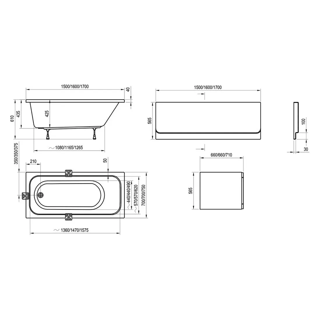 Picioare cada Ravak, universal, 700 mm, cazi acrilice, alb, CY00000000 [1]
