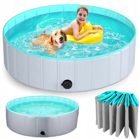Piscina pliabila caini si copii, pereti MDF si plastic, valva scurgere, pliere rapida, D160xH30 cm, albastru