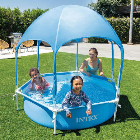 Piscina copii rotunda cu cadru metalic, parasolar UPF 50+, pulverizator ceata, D183xH38 cm, albastru [1]