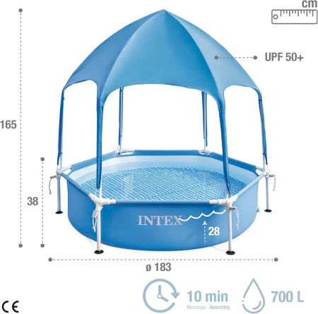 Piscina copii rotunda cu cadru metalic, parasolar UPF 50+, pulverizator ceata, D183xH38 cm, albastru [3]