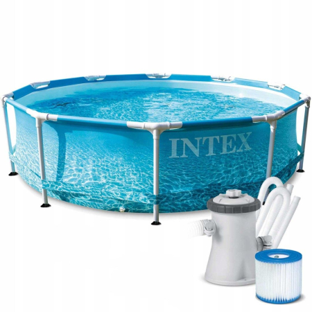 Gradina & balcon - Piscina rotunda cu cadru metalic Beachside Metal Frame Intex 28208NP, 305x76 cm, cu pompa filtrare