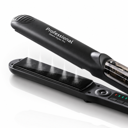 Placa de indreptat parul cu sistem de abur HAEGER STEAM STYLER PRO, Placi din titan, Temperatura reglabila 140-230 grade C, Maner rotativ, 6 temperaturi, Negru [1]