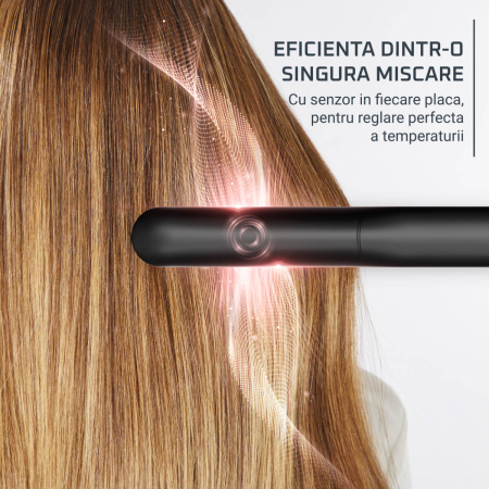 Placa de indreptat parul Rowenta Ultimate Experience SF8120F0, 5 trepte de temperatura, oprire automata, generatori de ioni, invelis ceramic cu titan, afisaj LED, tehnologie Thermocare, negru & auriu [8]