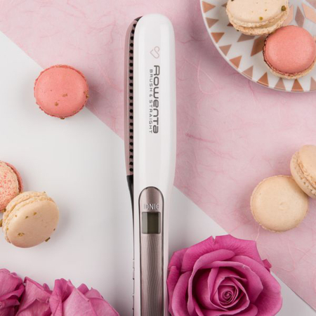 Placa de par Rowenta Brush&Straight Premium Care SF7510F0, LCD, 130 - 200 °C, perie integrata cu peri turali, placi mobile, ionizare, Cashmere Keratin, alb&mov [3]