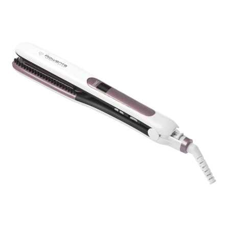 Baie - Placa de par Rowenta Brush&Straight Premium Care SF7510F0, LCD, 130 - 200 °C, perie integrata cu peri turali, placi mobile, ionizare, Cashmere Keratin, alb&mov