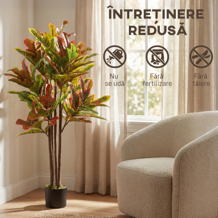 Planta Artificiala Croton cu 139 Frunze Modelabile si Ghiveci Alb din PP si Ciment, Planta Falsa din PEVA si Lemn, 55x55x120 cm, Multicolor [4]