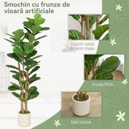  Planta Artificiala de Smochin Verde in PEVA si Lemn cu Ghiveci din PP si Baza din Ciment, 50x50x150 cm [3]