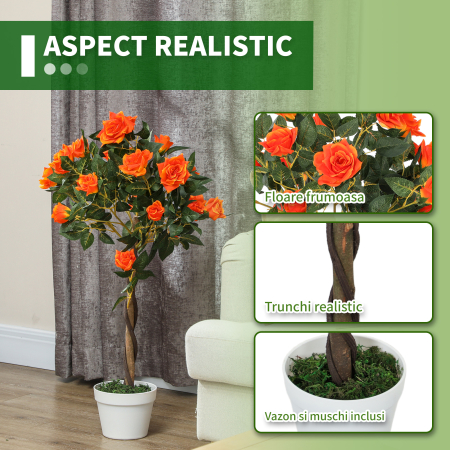  Planta Artificiala de Trandafir cu 21 de Flori Ø18x90 cm Portocaliu cu Vas [4]