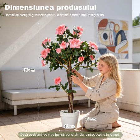  Planta Artificiala de Trandafiri cu 21 de Flori, Ghiveci Umplut cu Ciment si Muschi, Ø18x90 cm, Roz [2]