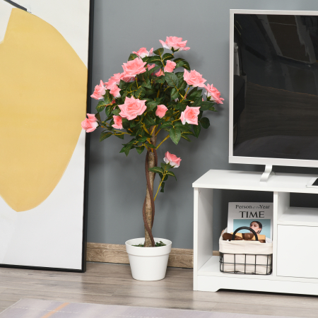  Planta Artificiala de Trandafiri cu 21 de Flori, Ghiveci Umplut cu Ciment si Muschi, Ø18x90 cm, Roz [1]